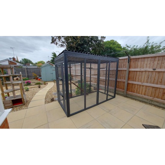 Waterproof Four-Sided Catio cat enclosure painted black with large shelves pack